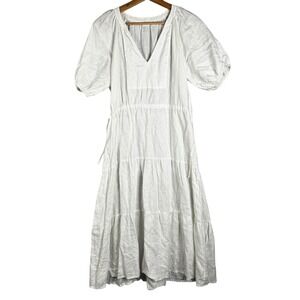 Wilfred White Linen Tiered Midi Dress V Neck Puff Sleeve Drawstring Smocked